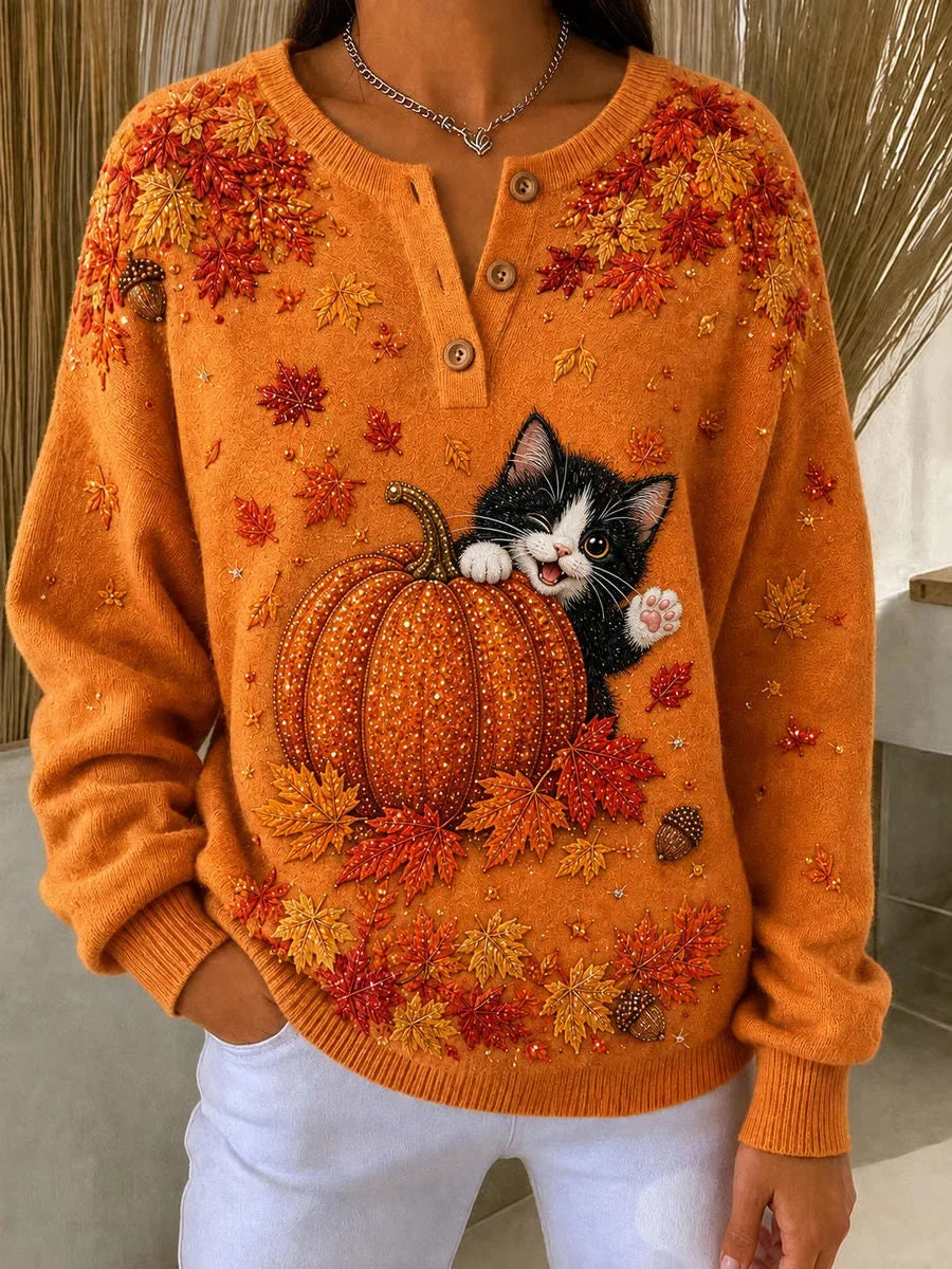 Athena cat pumpkin sweatshirt in orange, front view