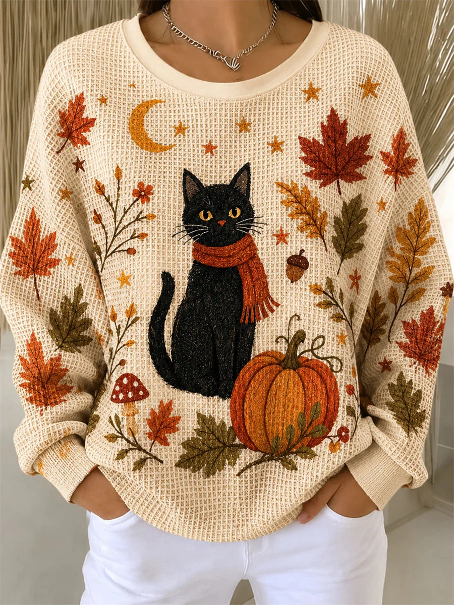 Layla cat and fall leaf sweatshirt in beige, front view