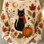 Layla cat and fall leaf sweatshirt in beige, front view