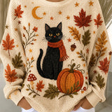 Layla cat and fall leaf sweatshirt in beige, front view