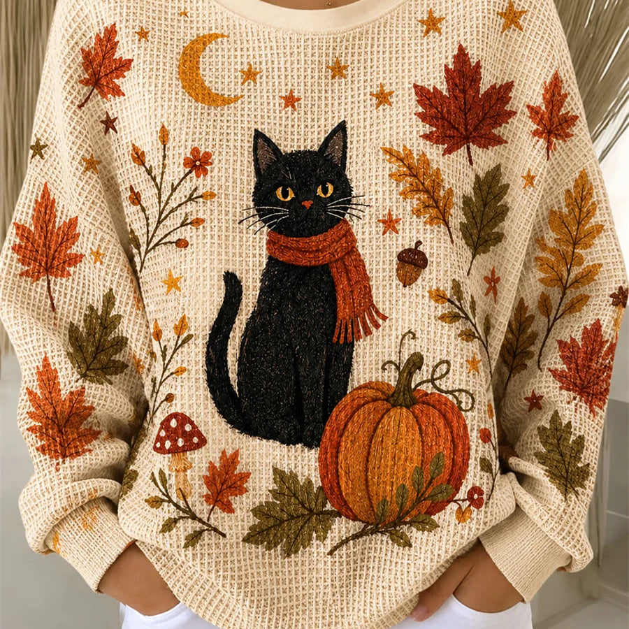 Layla cat and fall leaf sweatshirt in beige, front view