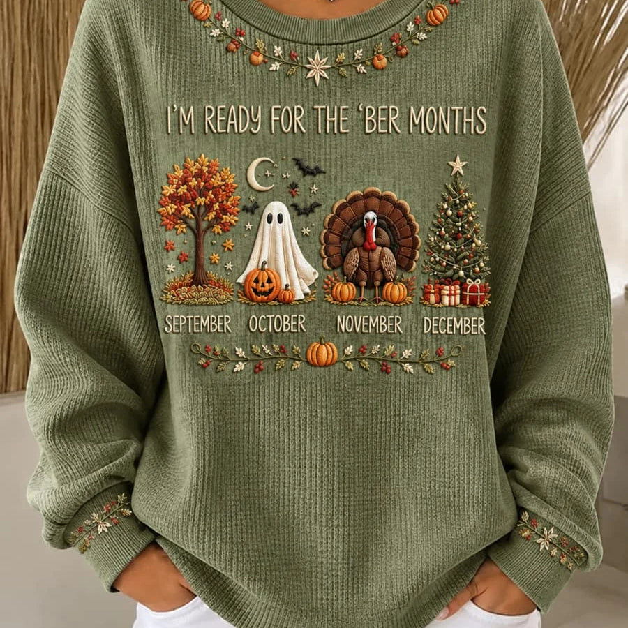 Mia fall holiday graphic sweatshirt in green, front view