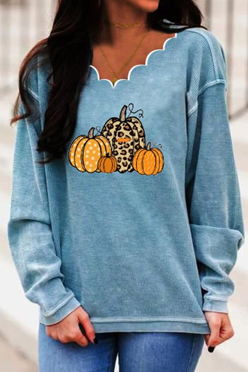 Jacqueline Blue Pumpkin Sweatshirt in blue, front view