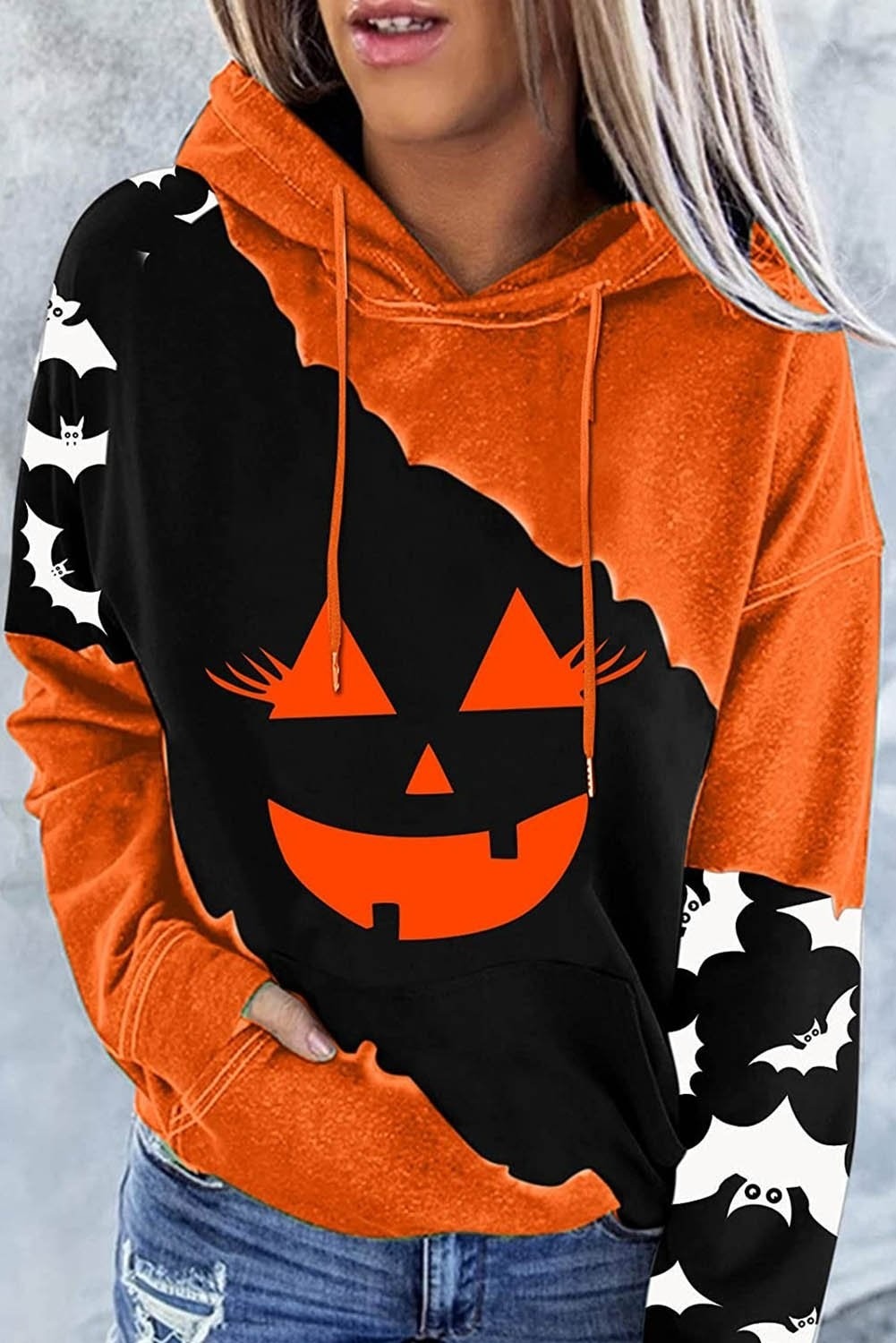 Faith Pumpkin Bat Hoodie in orange and black, front view