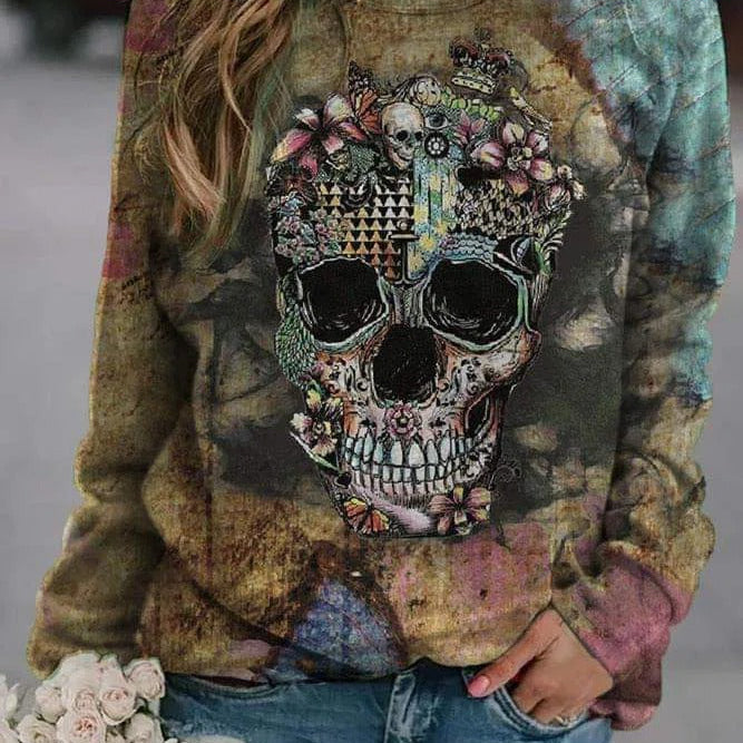Anna Floral Skull Sweatshirt in green and brown, front view