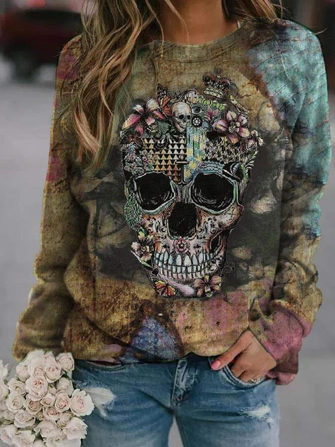 Anna Floral Skull Sweatshirt in green and brown, front view