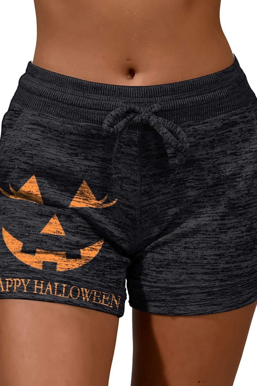 Catherine Pumpkin Drawstring Shorts in black, front view