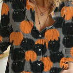 Audrey Pumpkin Cat Print Blouse in gray and black, front view