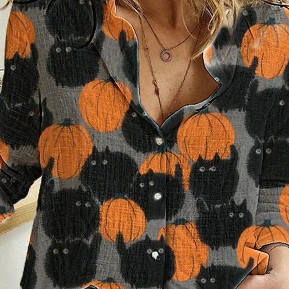 Audrey Pumpkin Cat Print Blouse in gray and black, front view