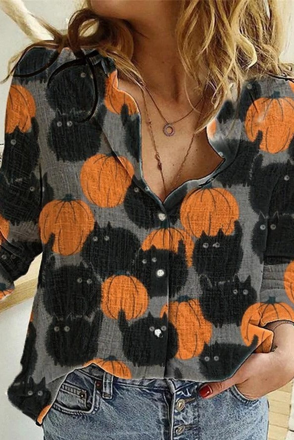 Audrey Pumpkin Cat Print Blouse in gray and black, front view