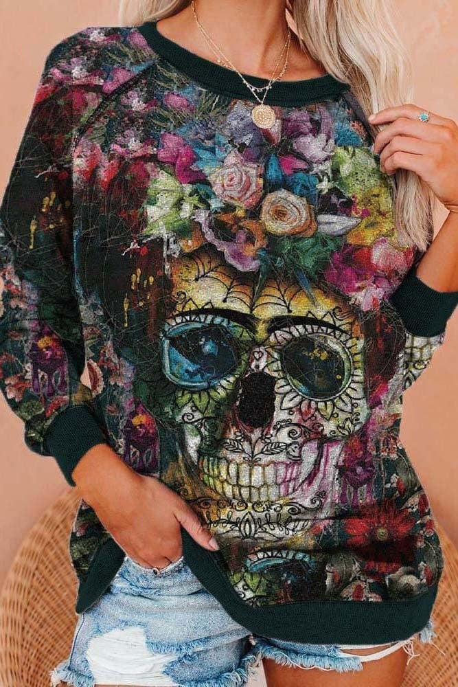 Estelle Floral Skull Sweatshirt in black and green, front view