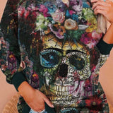 Estelle Floral Skull Sweatshirt in black and green, front view