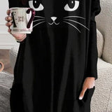 Bruna | Loose Round Neck Cat Halloween-Inspired Long Sleeve T-Shirt