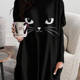 Bruna | Loose Round Neck Cat Halloween-Inspired Long Sleeve T-Shirt