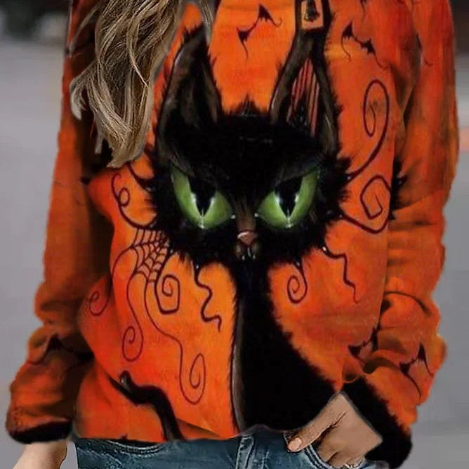 Kara Witch Cat Print Sweatshirt in orange, front view
