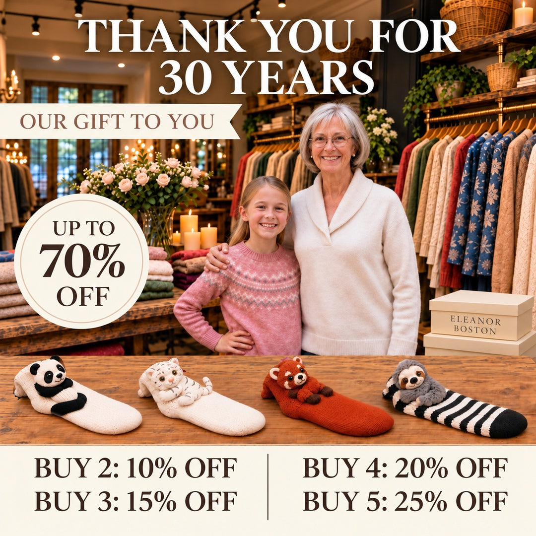 Eleanor Boston mobile anniversary banner with four animal socks