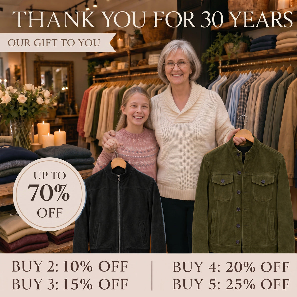 Eleanor Boston anniversary mobile banner featuring the Alan black bomber and Calvin olive suede jacket