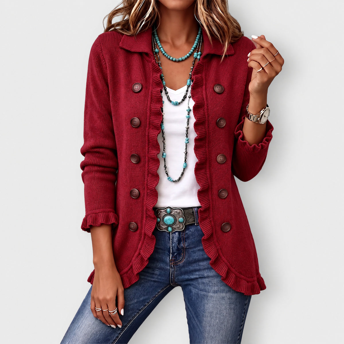 Rosalie ribbed knit ruffle jacket in Ruby Red, front view
