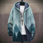 Edith misty turquoise and sea green spruce forest print hooded jacket, front view