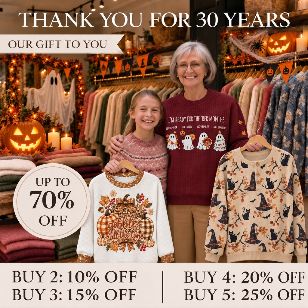 halloween edit collection banner with visible Halloween jack-o-lanterns, hanging fabric ghost and seasonal shop decorations