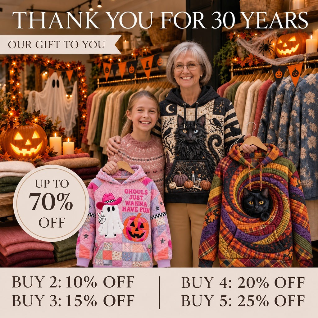halloween hoodies collection banner with visible Halloween jack-o-lanterns, hanging fabric ghost and seasonal shop decorations