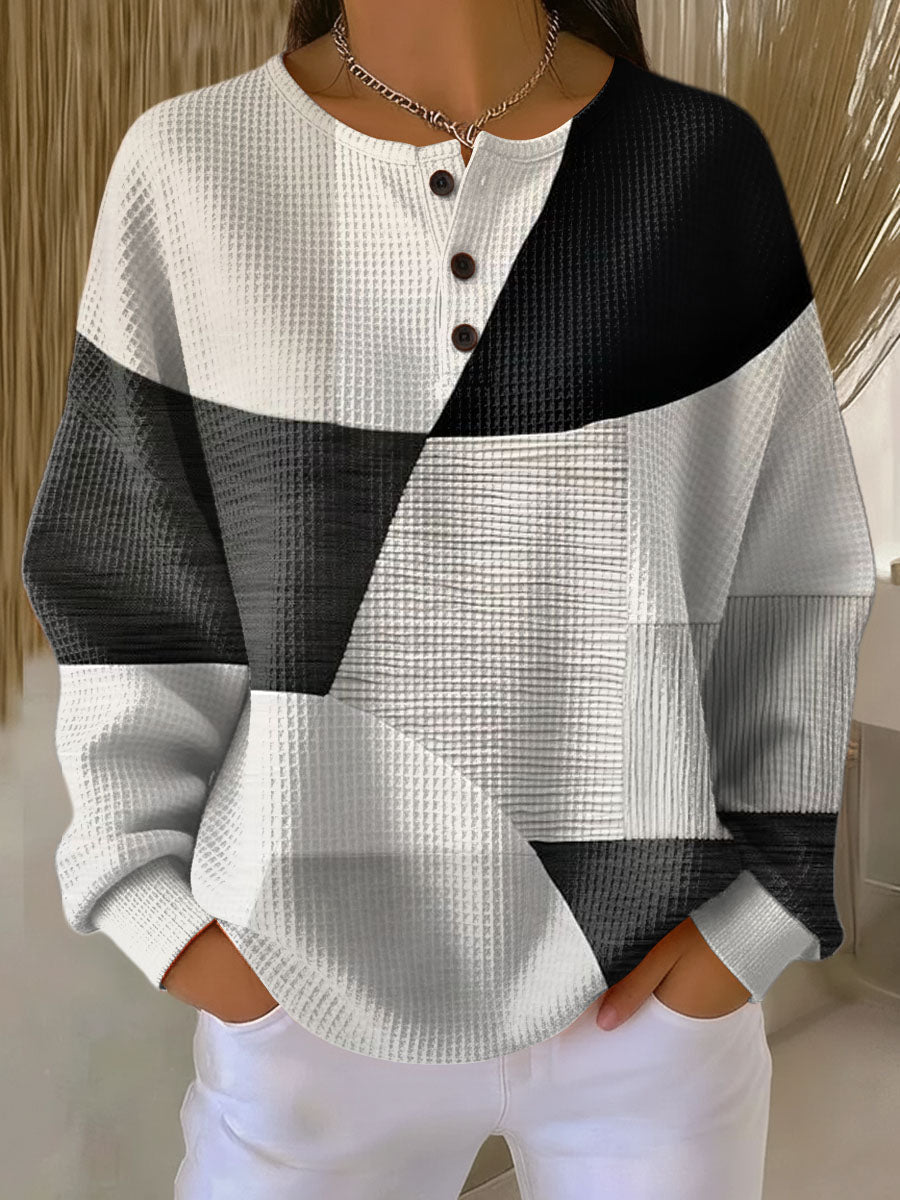 Eleanor black and white patchwork waffle knit sweater, view 2