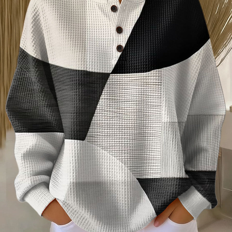 Eleanor black and white patchwork waffle knit sweater, view 2