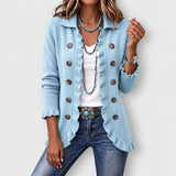 Cecilia ribbed knit ruffle jacket in Powder Blue, front view