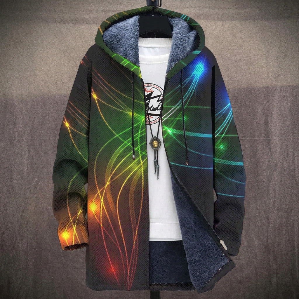 Faye neon green, orange and blue light streak print on black hooded jacket, front view