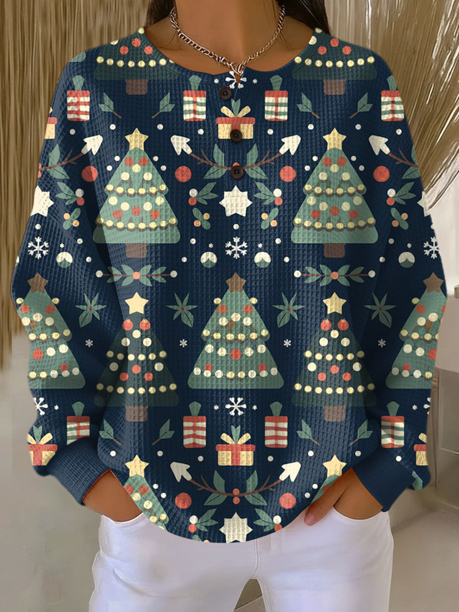 Faye navy Christmas tree waffle knit sweater, view 2
