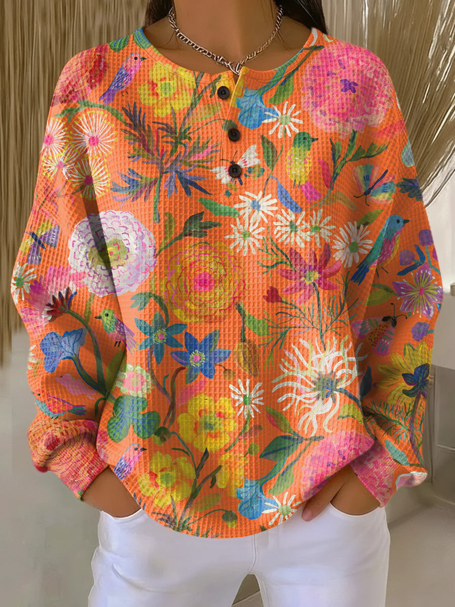 Florence orange floral waffle knit sweater, view 2