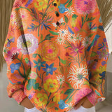 Florence orange floral waffle knit sweater, view 2