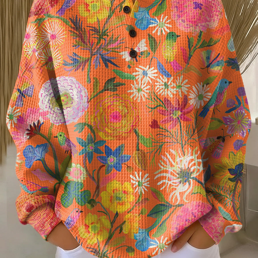 Florence orange floral waffle knit sweater, view 2