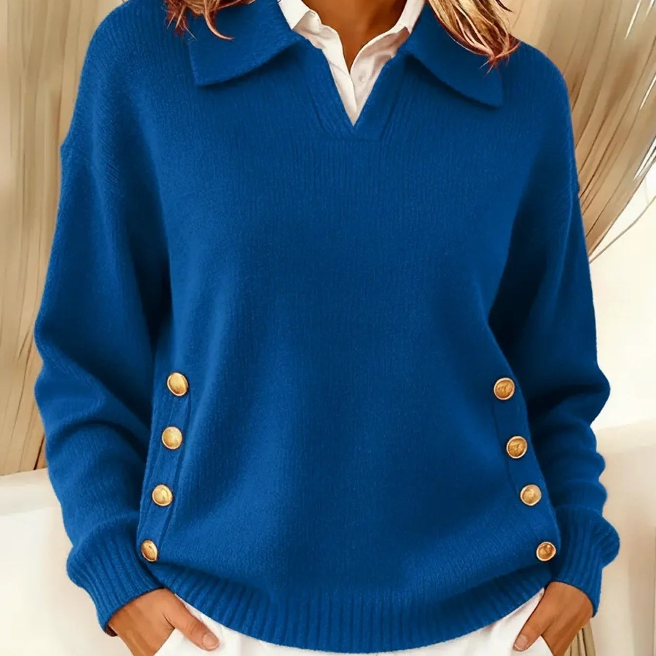 Barbara | Polo Collar Sweater with Gold Buttons