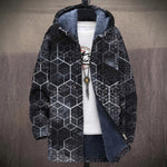 Gabrielle gray geometric cube print on black hooded jacket, front view