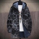 Gabrielle gray geometric cube print on black hooded jacket, front view