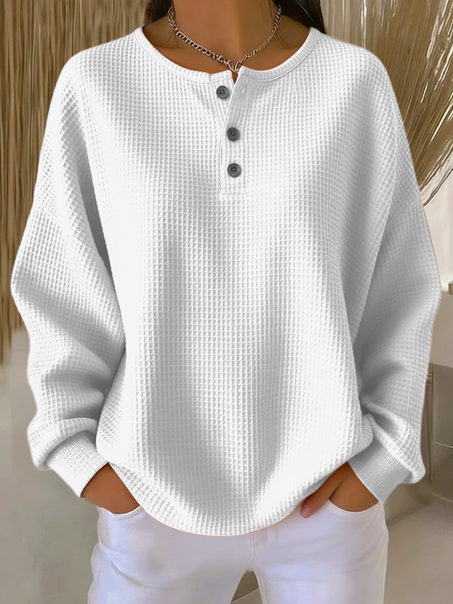 Helen solid henley waffle knit sweater in White, view 7