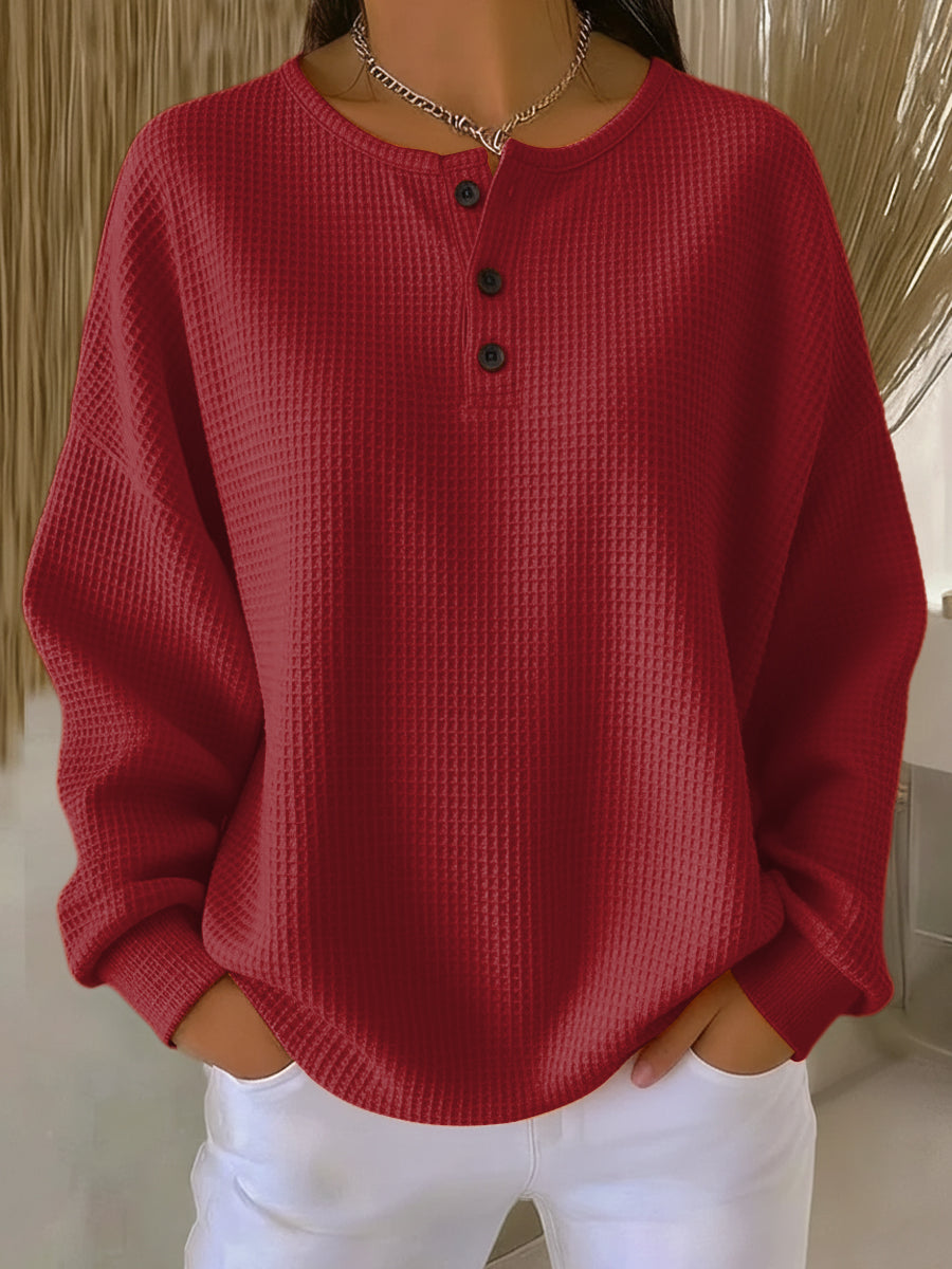Helen solid henley waffle knit sweater in Burgundy, view 8
