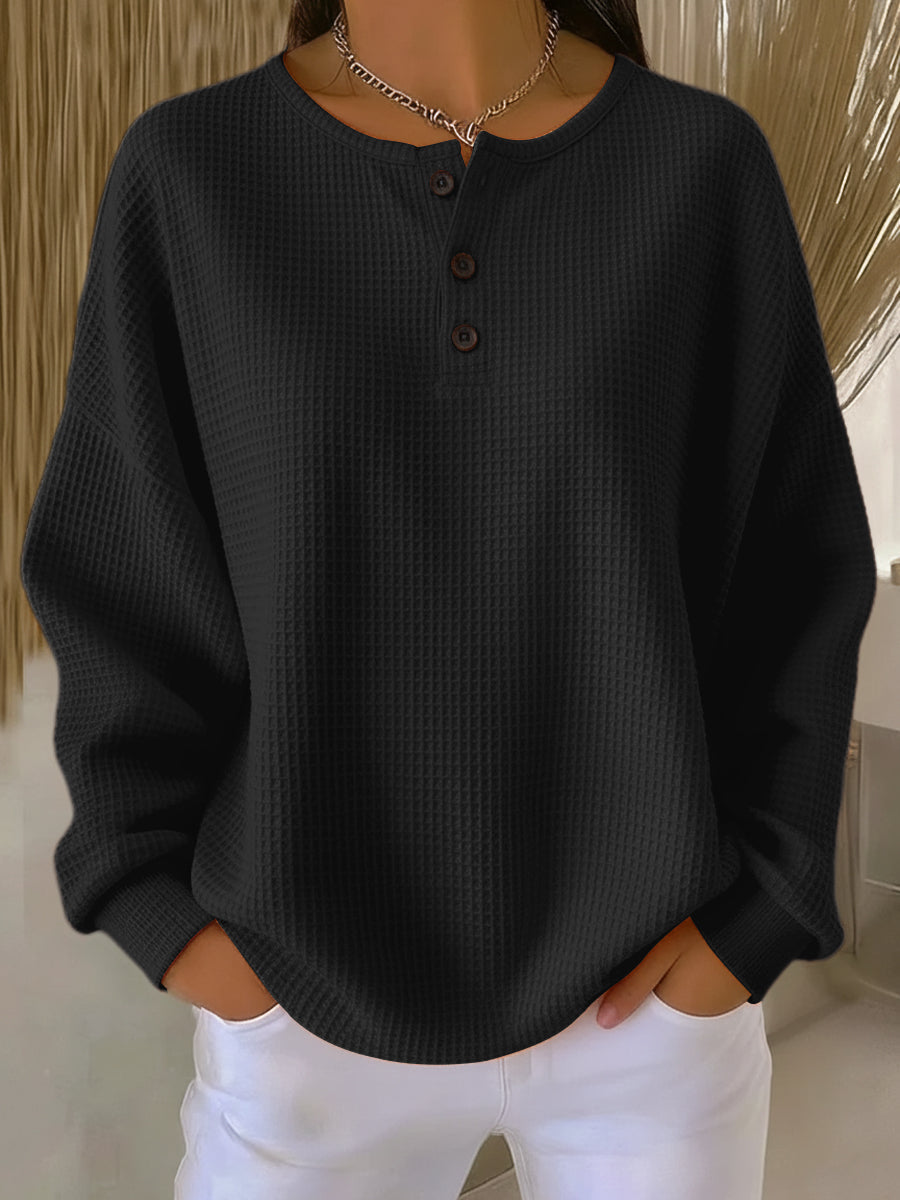 Helen solid henley waffle knit sweater in Black, view 9