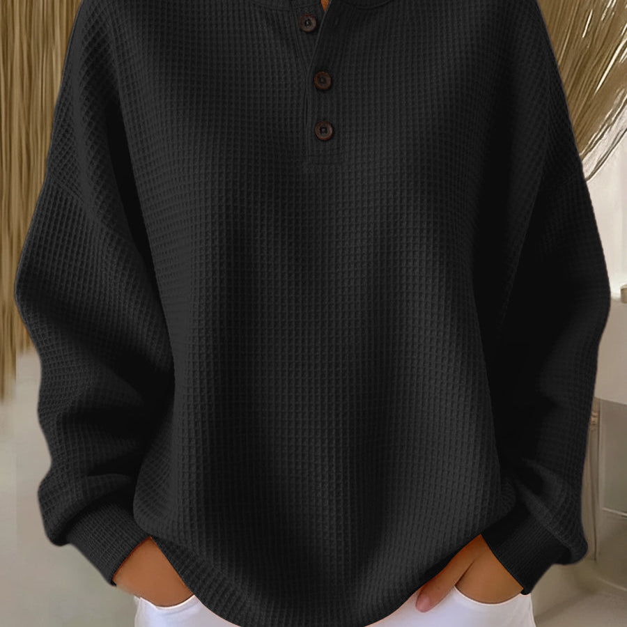 Helen solid henley waffle knit sweater in Black, view 9