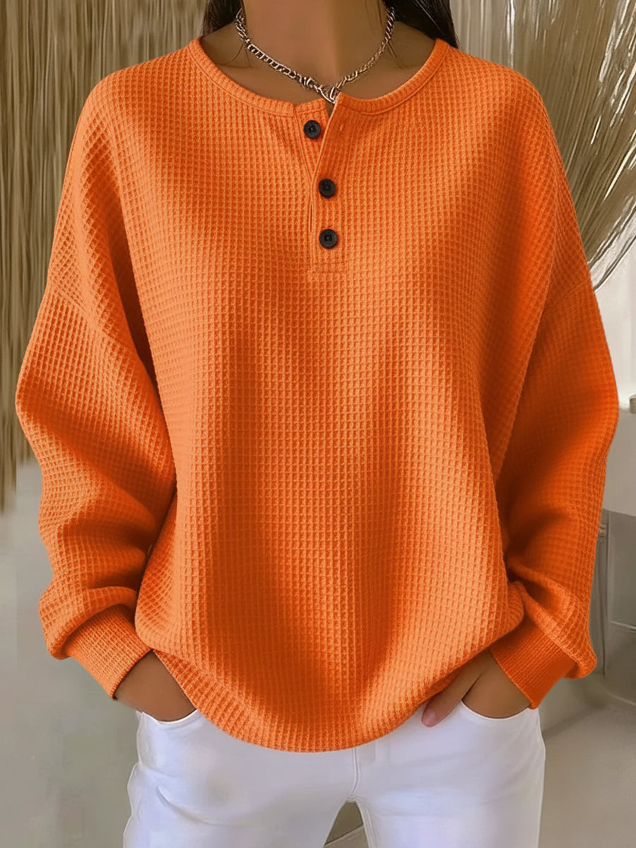 Helen solid henley waffle knit sweater in Orange, view 2