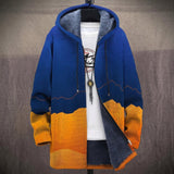 Henrietta cobalt blue sky and orange desert dune print hooded jacket, front view