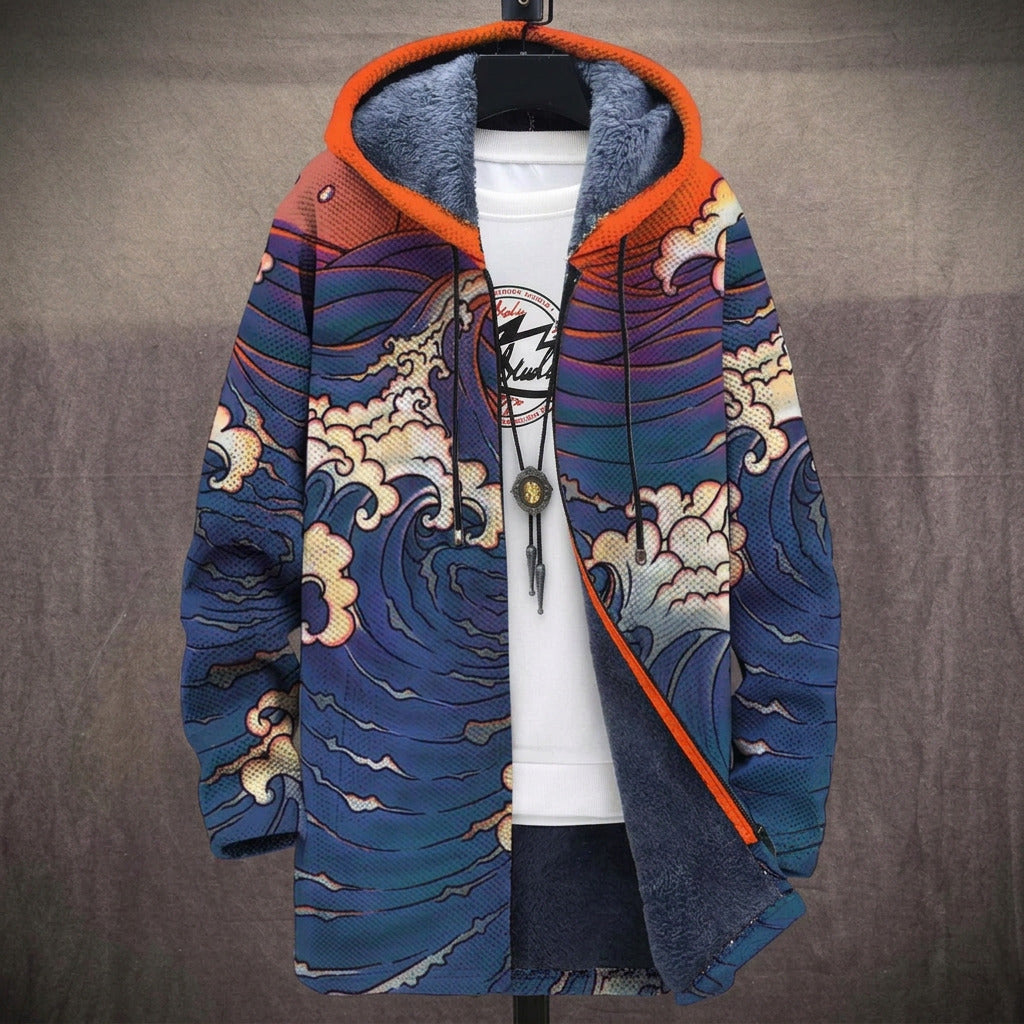 Hilda navy and cream Japanese wave and cloud print with an orange hood hooded jacket, front view