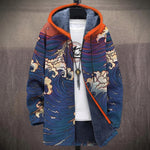 Hilda navy and cream Japanese wave and cloud print with an orange hood hooded jacket, front view