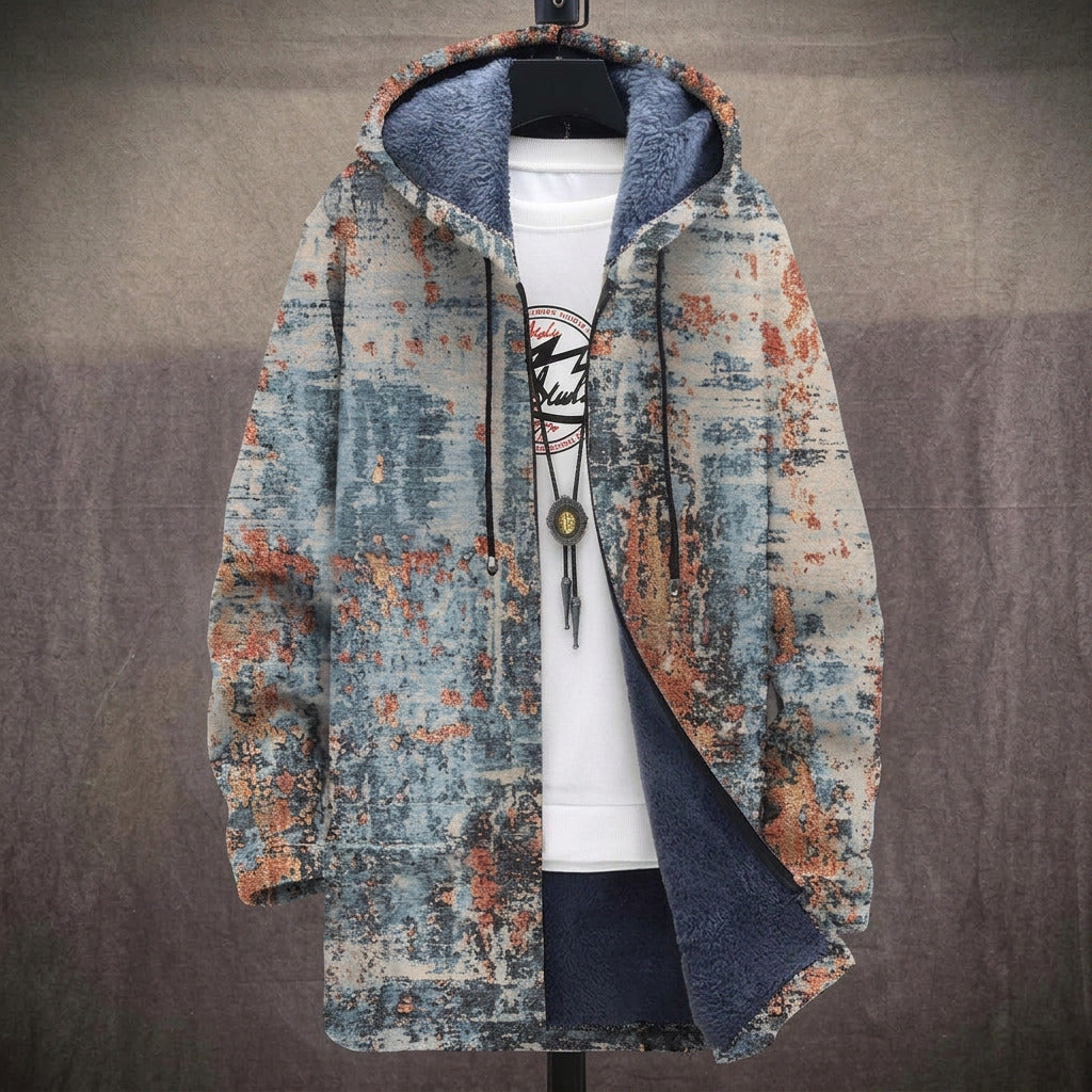 Hilary distressed vintage print in sky blue, rust and cream hooded jacket, front view