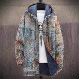 Hilary distressed vintage print in sky blue, rust and cream hooded jacket, front view