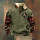 Jeff | Olive Half-Zip Sweatshirt with Patterned Sleeves