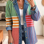 Samantha Striped Color Block Denim Blazer in green, orange, pink and blue, front closeup showing contrasting stripe panels