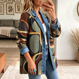 Stella Abstract Print Denim Blazer in black, olive and orange, front three quarter view on a model