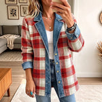 Hailey Red Plaid Denim Blazer in red and cream with blue denim trim, front view on a model